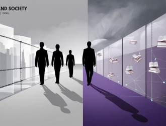 Arte digital horizontal em estilo conceitual e contemporaneo representando o tema  Cultura e Sociedade . Divida visualmente a cena em duas partes que se interligam  de um lado silhuetas humanas caminhando por 