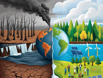 Arte digital horizontal simbolizando o impacto das mudancas climaticas e o conceito de sustentabilidade. Divida a cena em duas metades contrastantes  de um lado uma paisagem marcada por mudancas climaticas fl
