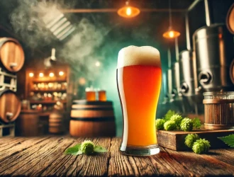 DALLE 2024 11 26 00.43.03 A wide angle banner featuring a tall glass of Hazy IPA beer with its signature golden orange cloudy appearance. The beer is topped with a thick cream 1024x585