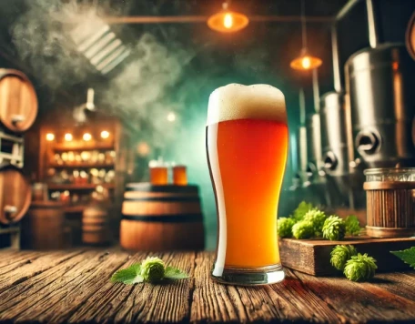DALLE 2024 11 26 00.43.03 A wide angle banner featuring a tall glass of Hazy IPA beer with its signature golden orange cloudy appearance. The beer is topped with a thick cream 1024x585